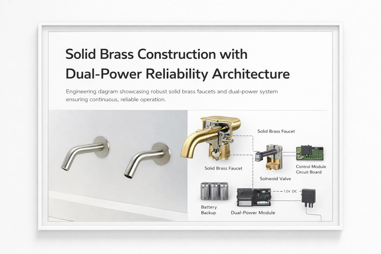 Wall-mounted BathSelect BS1101CDP commercial touchless faucet installed in hygienic public restroom environment